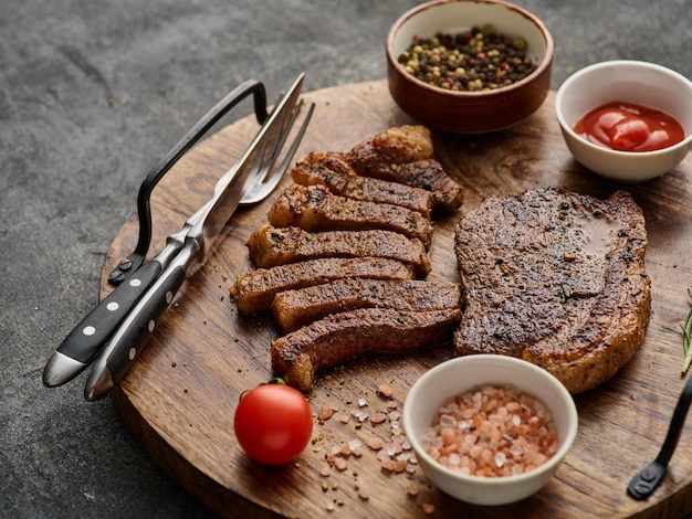 Gegrilltes Top Sirloin oder Cup Rump Beef Steak auf Holzbrett Dunkler Hintergrund Picanha Steak