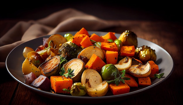 Gegrilltes vegetarisches Essen auf rustikaler Holzplatte generativer AI