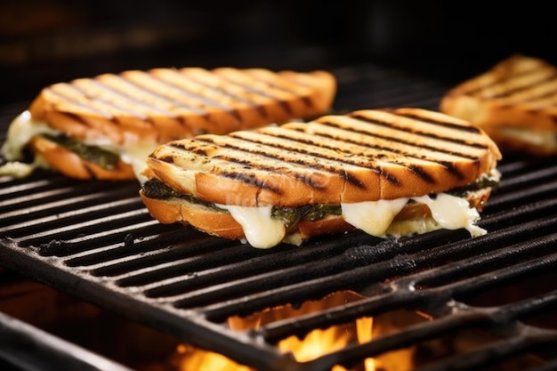 Foto gegrilltes ziegelstein-sandwich knusprig auf einem herdgrill