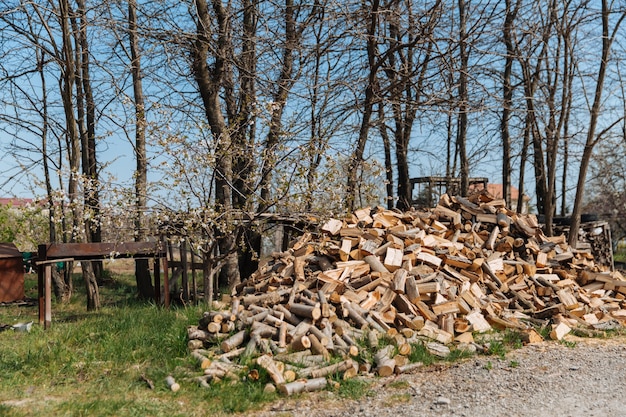 Gehacktes Brennholz von verschiedenen Baumarten, Vorbereitung des Brennholzes für den Winter.