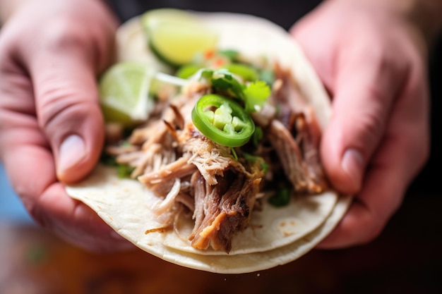 Gehäufte Carnitas auf einer warmen Tortilla aus Mehl, die Hände sichtbar