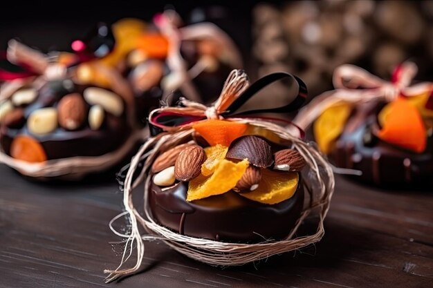 Foto gehäufte portion schokoriegelfrüchte und nüsse mit schokoladenbändern, erstellt mit generativer ki