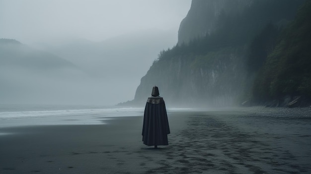 Geheimnisvolle Figur am nebligen Strand. Ein faszinierendes Foto mit 8K-Auflösung