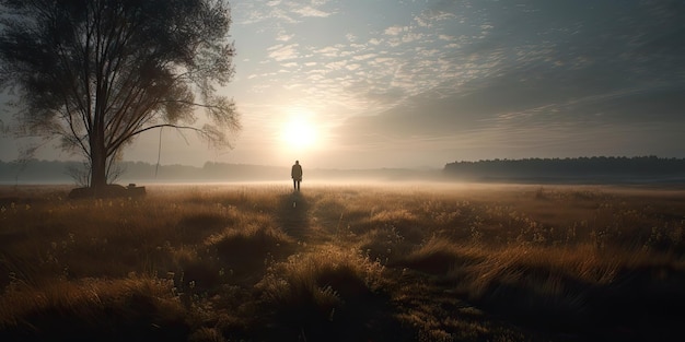 Geheimnisvolle Gestalt im frühen Morgenlicht auf einer einsamen Wiese