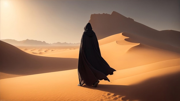 Geheimnisvolle Gestalt in auffälligem Umhang, die durch die Wüste geht