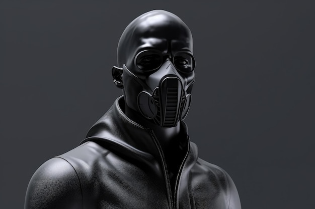 Geheimnisvolle Gestalt in schwarzem Lederanzug und Gasmaske