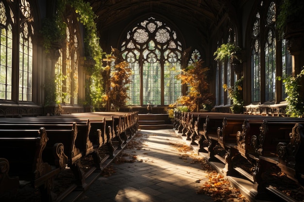 Geheimnisvolle gotische Kirche, farbenfrohes Buntglas, ruhige Umgebung, generatives IA
