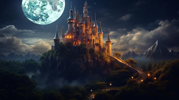 Geheimnisvolle mittelalterliche Burg mit Mond