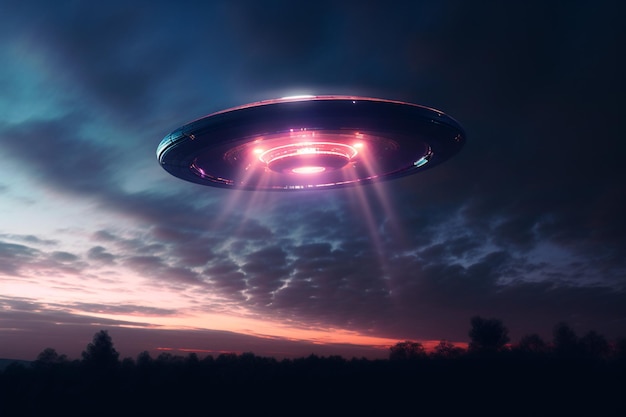 Geheimnisvolle UFO-Sichtung am Dämmerungshimmel, der ein schillerndes Leuchten und hypnotisierendes Licht ausstrahlt