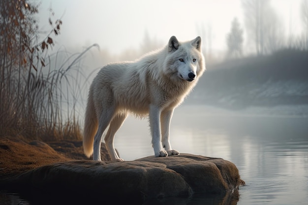 Geheimnisvolle Winterszene Ein wunderschöner weißer Wolf, der auf einem Felsen neben einem nebligen See steht