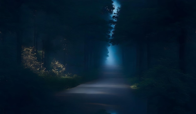 Geheimnisvoller dunkler Wald mit einem Weg, der nachts zum Licht führt