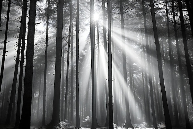 Geheimnisvoller dunkler Wald mit Nebel und Sonnenstrahlen Schwarz und Weiß