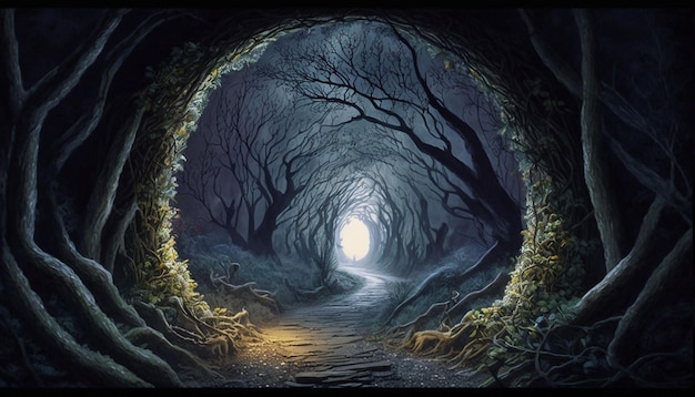 Geheimnisvoller mystischer Wald im Nachtlicht des Mondes