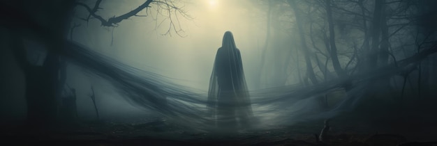 Geheimnisvoller Nebel umhüllt eine geisterhafte Figur Halloween