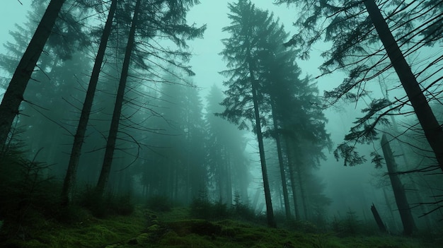 Geheimnisvoller Nebelwald mit hohen Bäumen