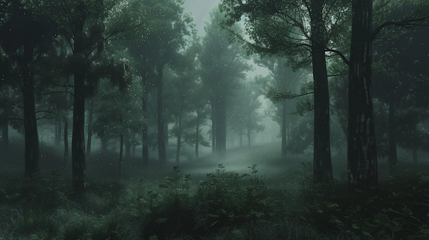 Geheimnisvoller Nebelwald mit hohen Bäumen