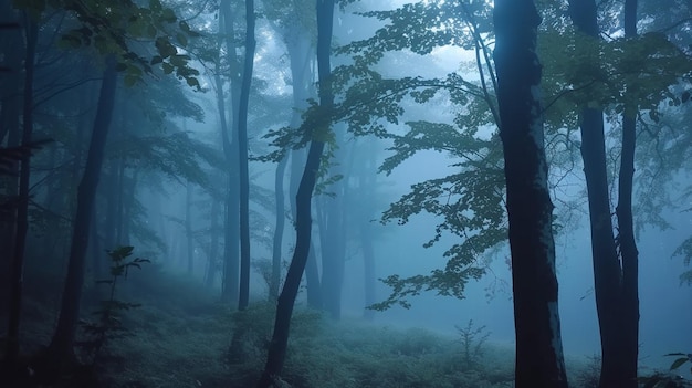 Geheimnisvoller Nebelwald mit hohen Bäumen