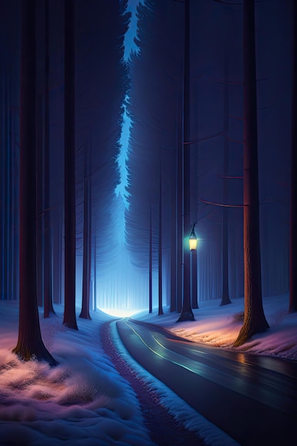 Geheimnisvoller Pfad im Mitternachtswinterwald Silhouetten von Bäumen im Dunkeln Digitale Kunstwerke