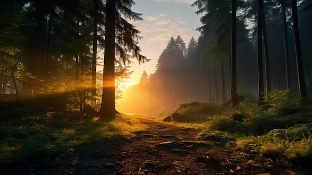Geheimnisvoller Sonnenaufgang im Wald Hintergrund