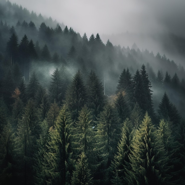 geheimnisvoller Wald mit Nebel in dramatischen Farben