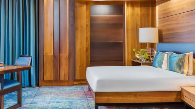 Gehen Sie in eine Welt des Luxus und des Stils mit diesem Hotel, das mit farbenfrohen Holzplatten geschmückt ist.
