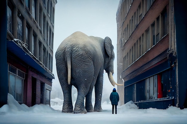 Gehender Elefant in verschneiter Stadt Generatives AIxA