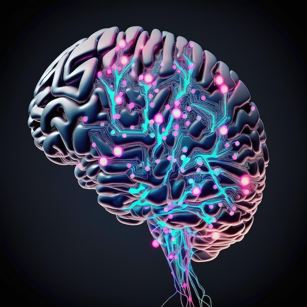 Gehirn Bild Neurologie Konzept Vorderansicht mit Neuronenverbindungen Effekt 3D-Illustration