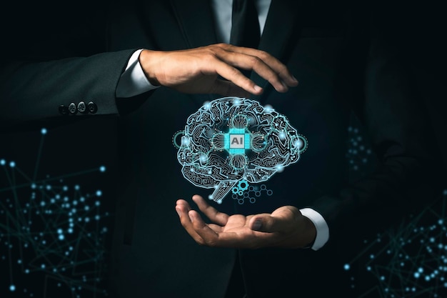 Gehirn mit Leiterplatten-PCB-Design und Geschäftsmann, der künstliche Intelligenz AI repräsentiert