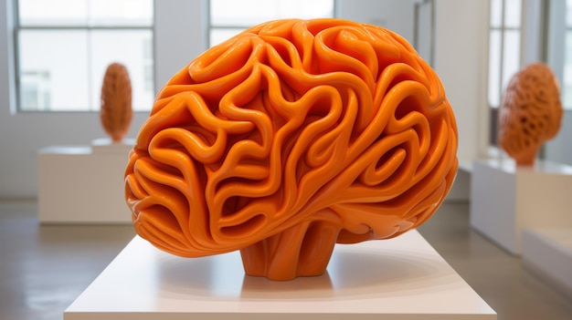 Gehirnkunst Skulptur des menschlichen Gehirns aus orangefarbenem Kunststoff auf der Ausstellung zeitgenössischer Kunst
