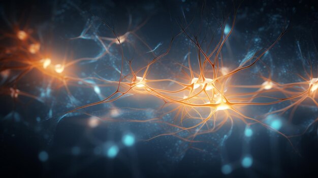 Foto gehirnstimulationsaktivität mit neuronen-nahaufnahme-mikroskopie-illustration neurologie, kognition, neuronales netzwerk, psychologie, neurowissenschaften, wissenschaftliche konzepte, ai generativ