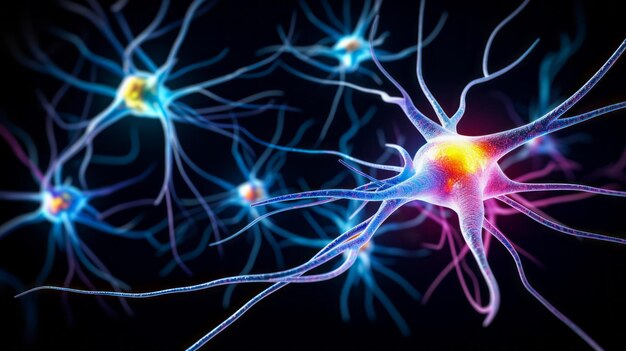 Gehirnstimulationsaktivität mit Neuronen-Nahaufnahme-Mikroskopie-Illustration Neurologie, Kognition, neuronales Netzwerk, Psychologie, Neurowissenschaften, wissenschaftliche Konzepte, Ai generativ