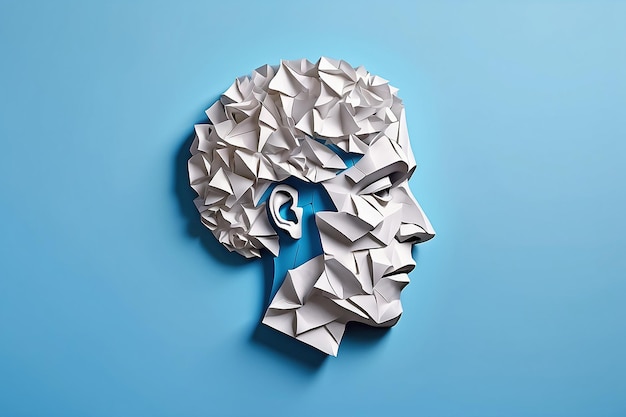 Gehirnstörungssymbol, dargestellt durch einen menschlichen Kopf aus zerknittertem Papier, zerrissen auf blauem Kopierraum Hintergrund