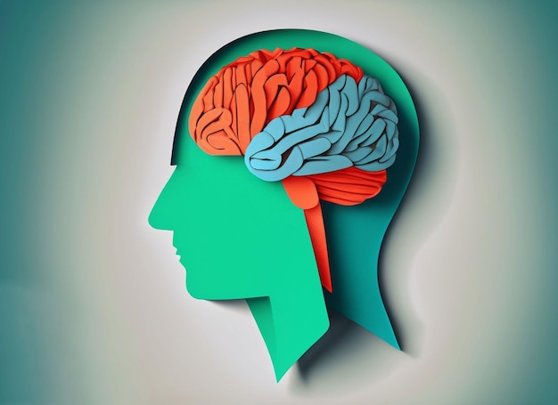 Gehirnstörungssymbol, das vom menschlichen Gehirn präsentiert wird, aus Formpapier, das auf dem Hintergrund mit Kopierraum zerrissen ist