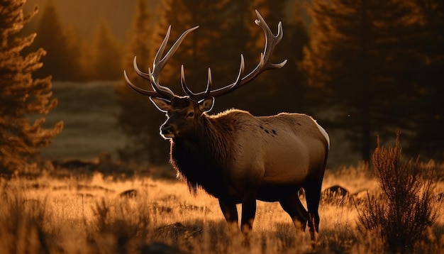 Gehörnter Hirsch grast auf einer ruhigen, von KI erzeugten Herbstwiese