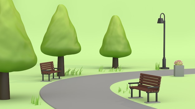 Gehweg in den grünen Parks 3D-Rendering-Cartoon-Stil