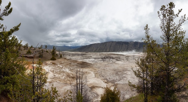 Géiser de aguas termales con agua colorida en el paisaje americano