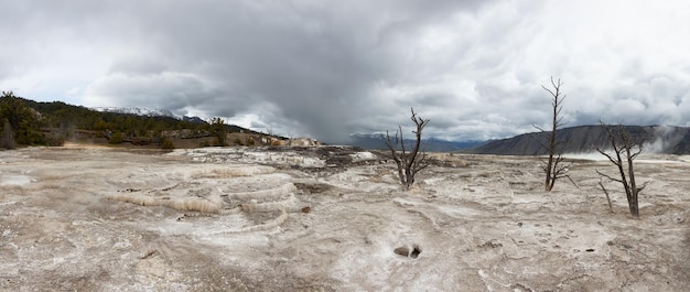 Géiser de aguas termales con agua colorida en el paisaje americano