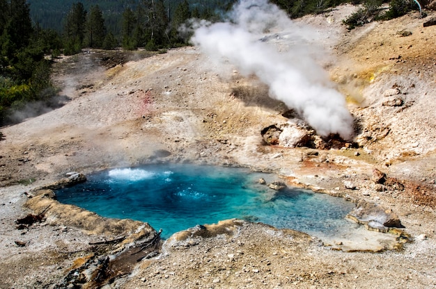 Géiser en el Parque Nacional de Yellowstone. Increíblemente hermoso géiser (aguas termales) en el Parque Nacional de Yellowstone. Colores asombrosos. Maravilla del mundo. Wyoming Estados Unidos