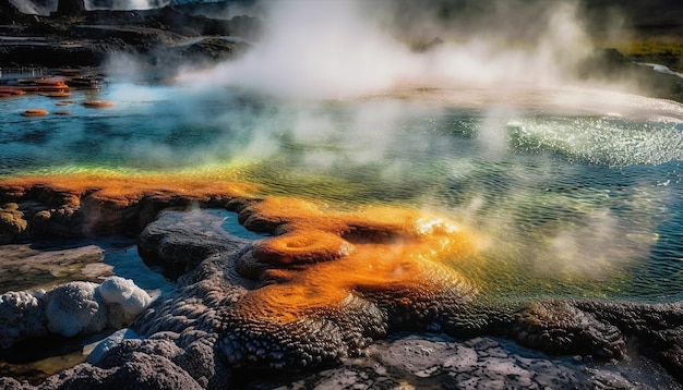 Gêiseres majestosos refletem o pôr do sol multicolorido na água gerada por IA