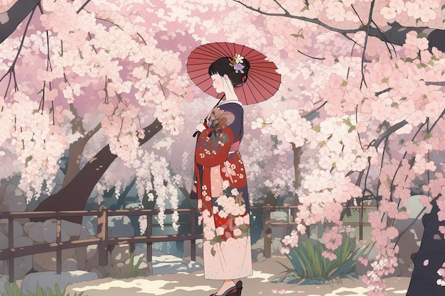 Geisha ai generativa en la floreciente ilustración de anime del jardín de sakura