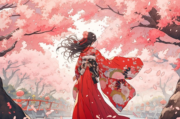 Geisha ai generativa en la floreciente ilustración de anime del jardín de sakura