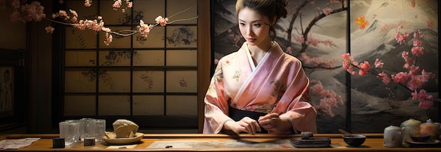 una geisha en un auténtico salón japonés