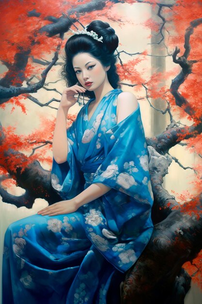 geisha bajo un cerezo azul