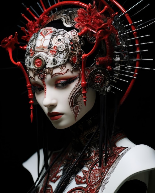 Una geisha cyborg de unos veinte años hecha de marfil y rojo sostiene fondo negro