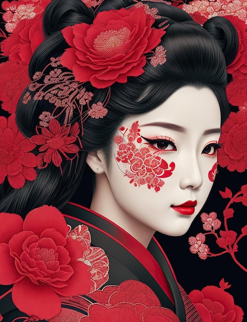 Geisha im roten Outfit und umgeben von roten Blumen