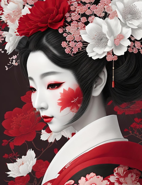 Geisha im roten Outfit und umgeben von roten und weißen Blumen