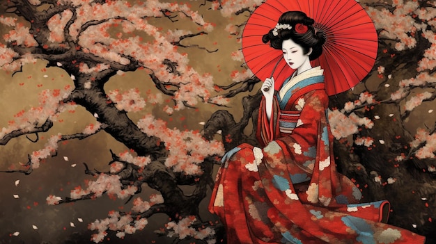 Geisha in Japan mit Kirschbaum und Regenschirm Generative KI