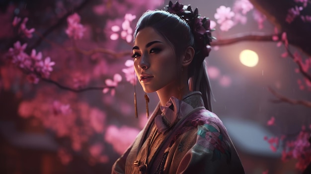 Geisha en un intrincado kimono sakura jardín fondo flores de sakura