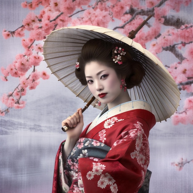 geisha en Japón con cerezo y paraguas Generativo ai