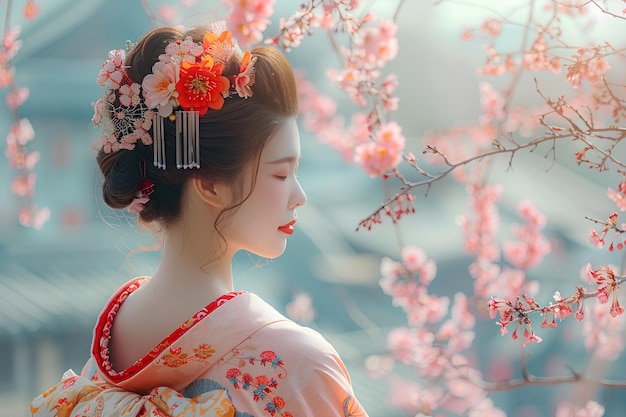 Geisha japonesa de trás sob uma árvore de sakura em flor